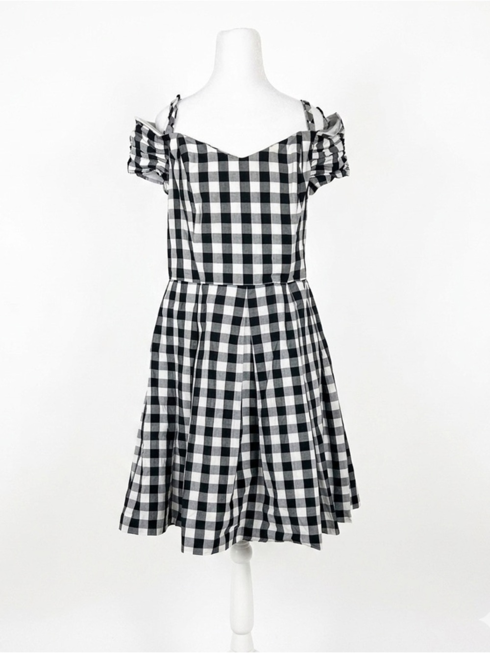 Leslie Fay Gingham Swing Dress 14 Black White Boned Bodice Rockabilly 50s Style